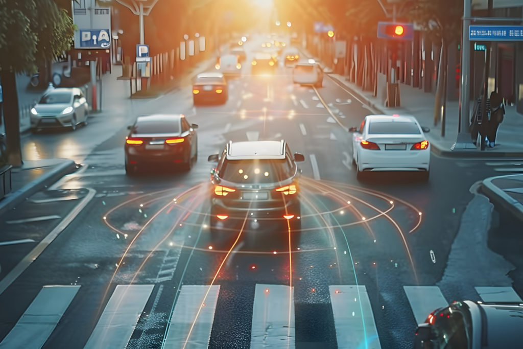 Autonomous car driving in a city with sensor lights visualizing its detection system