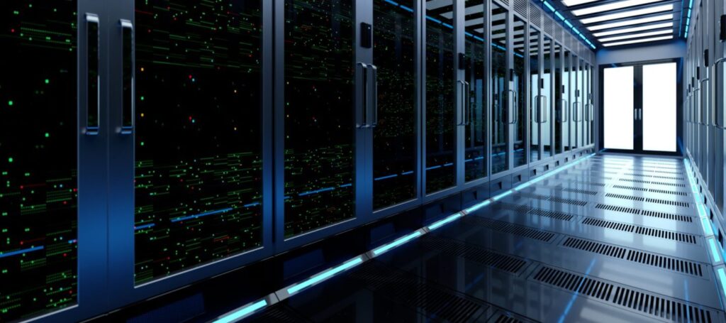 A view of a corridor with working servers hidden behind glass doors.