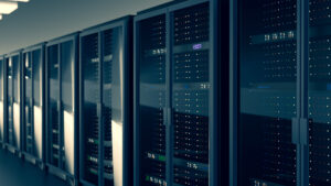 Server racks in server room cloud data center. Datacenter hardware cluster.