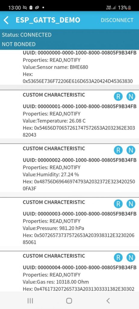 A screenshot showcasing the results of a task done during Spyrosoft internship - BME680 sensor values.
