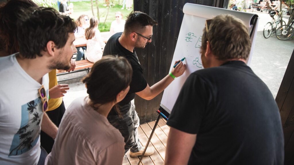 group of people brainstorming, creative work session with a flipchart