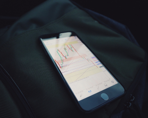 Smartphone displaying financial market trading chart data for supporting risk management analysis
