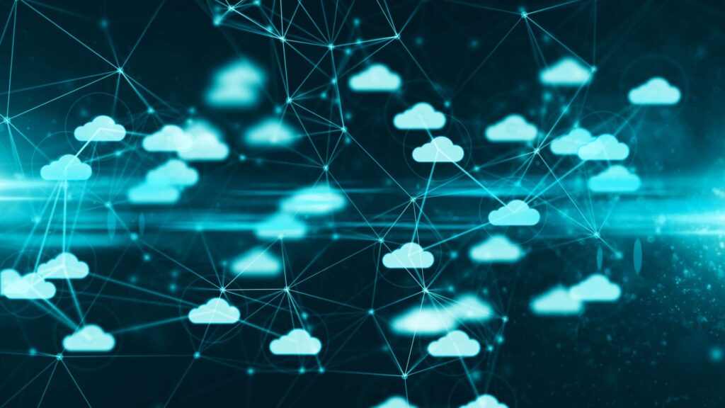 Abstract cloud network visualisation representing API gateways and distributed system communication.