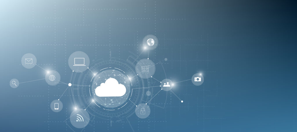 Digital illustration of cloud computing network connecting multiple devices, symbolizing public, private, hybrid, and multicloud infrastructure models
