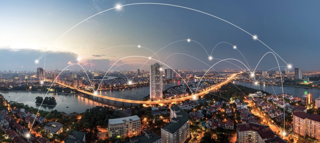 smart city graphic with interconnectivity, smart city analytics