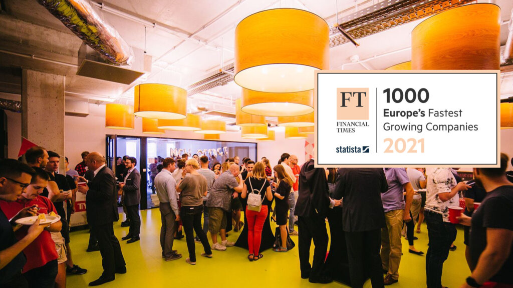 Office party celebrating inclusion in the Financial Times list of Europe’s fastest growing companies 2021