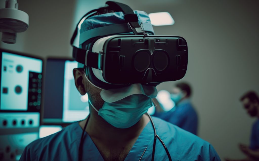 A doctor wearing an AI augmented reality headset during surgery