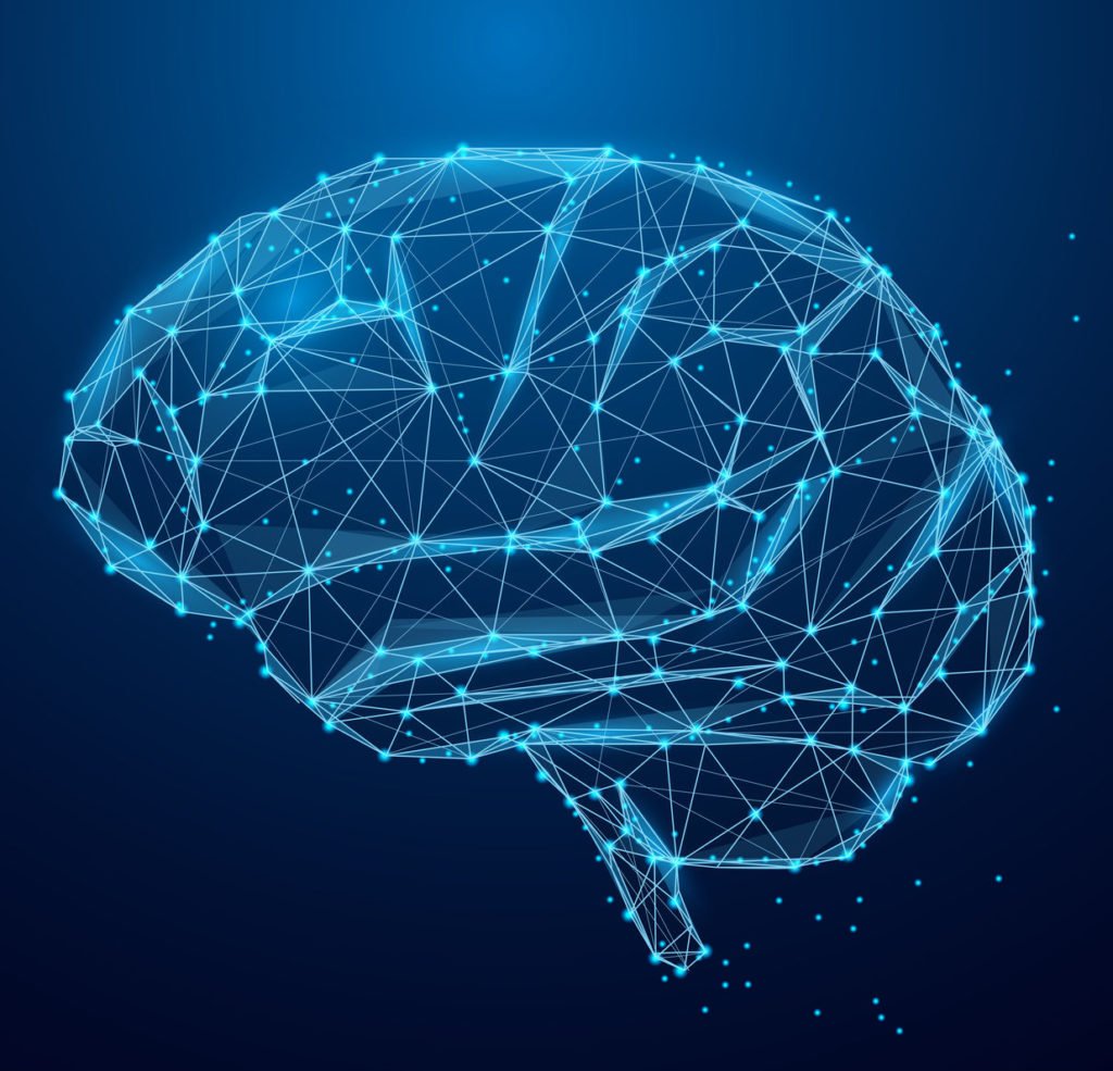 AI-Artificial Intelligence & Machine Learning Consulting - image of a brain - Low poly brain or Artificial intelligence concept. Symbol of Wisdom point. Abstract vector image of a human Brine. Low Polygonal wireframe blue illustration on dark background. Lines and dots.