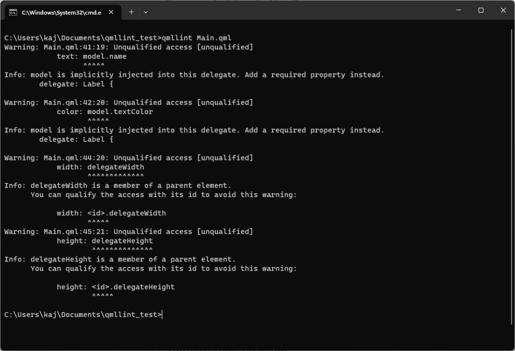 qmllint output in the terminal showing unqualified access warnings in a QML file.