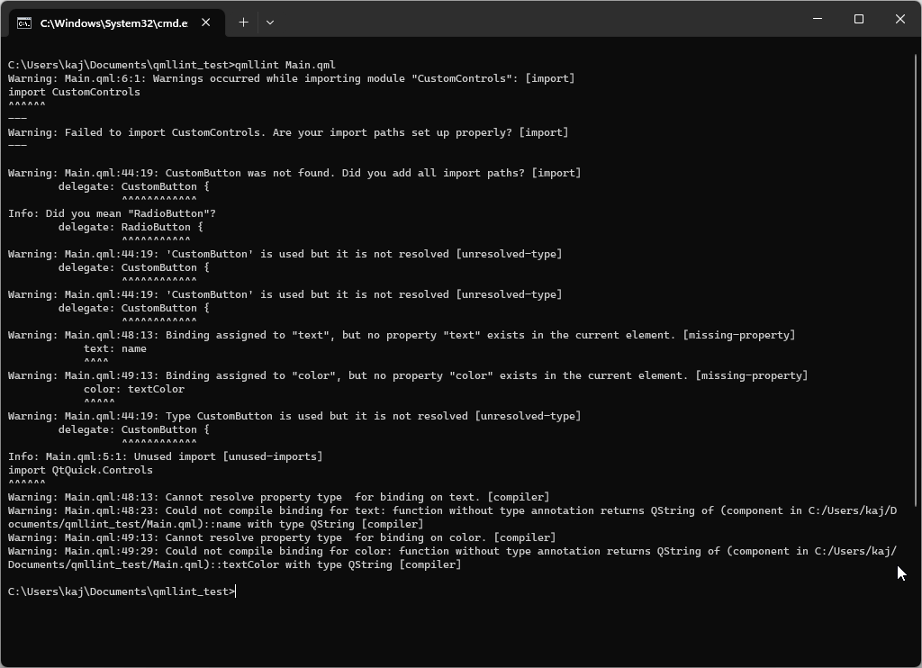 qmllint output showing import errors and unresolved types in a QML project.