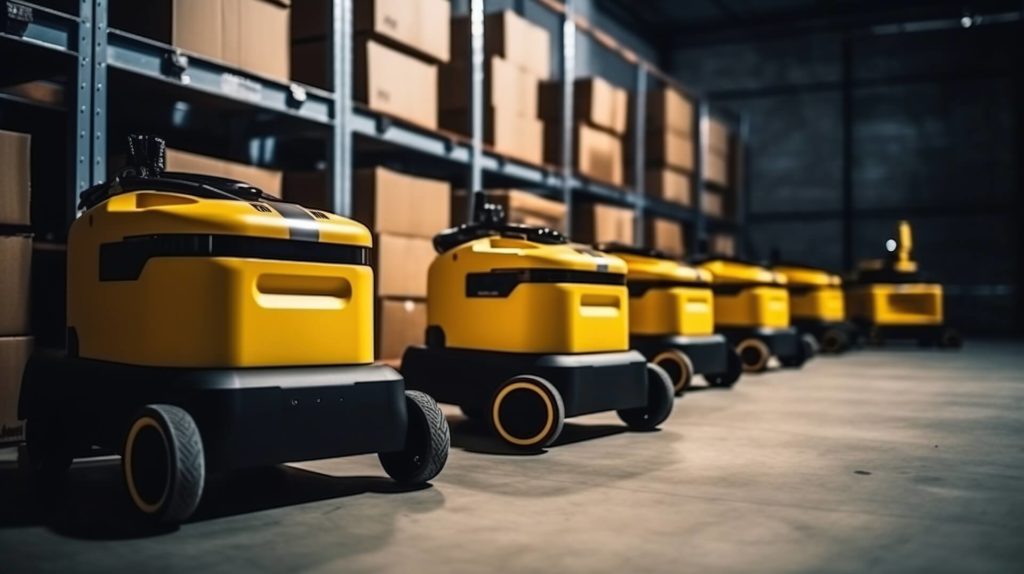 Yellow, small robotic vehicles standing in front of warehouse shelves