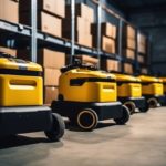 Yellow, small robotic vehicles standing in front of warehouse shelves