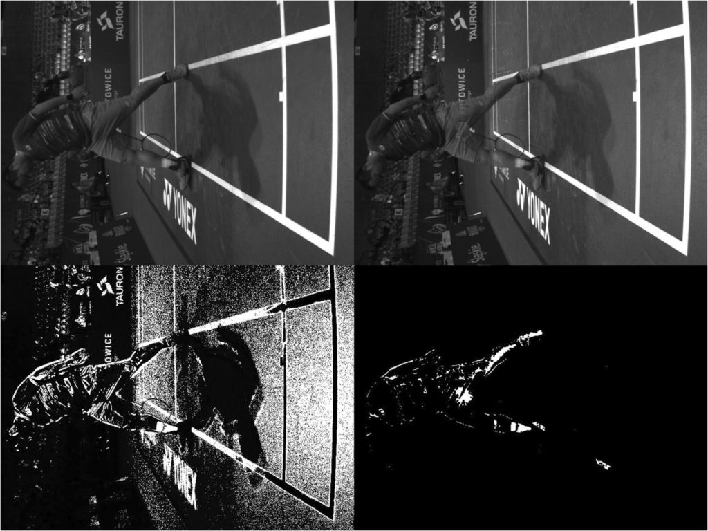 Figure 4. Diff frame before applying flicker removal algorithm - top-left corner, diff frame after applying flicker removal algorithm - bottom-left