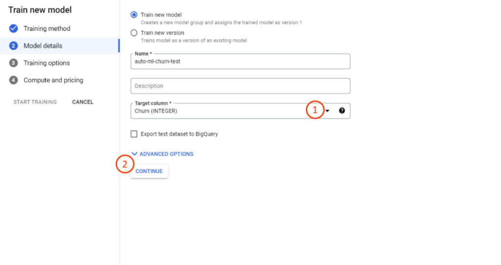 Customer churn prediction with Google AutoML 
Step 4 illustrated
