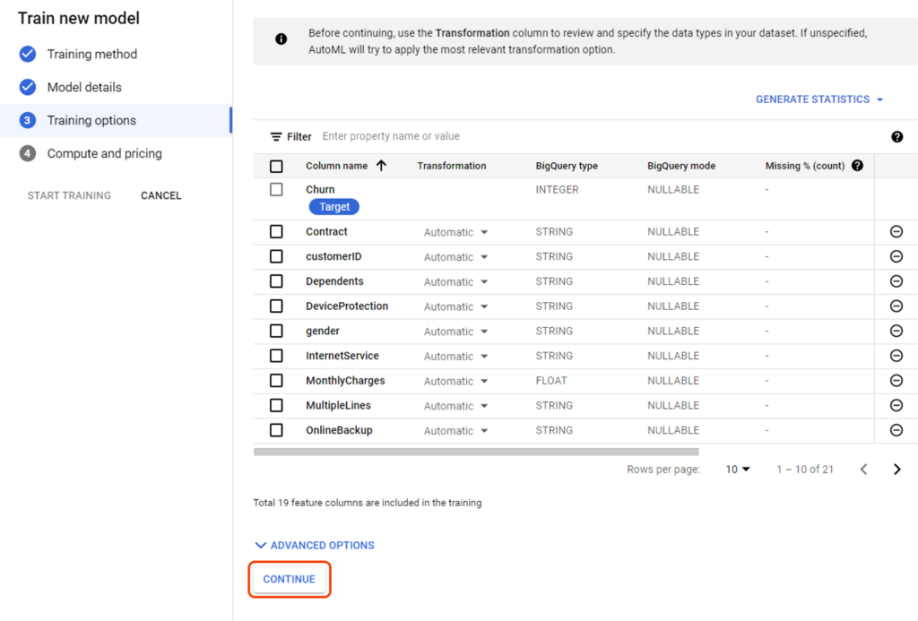 Customer churn prediction with Google AutoML 
Step 5 illustrated