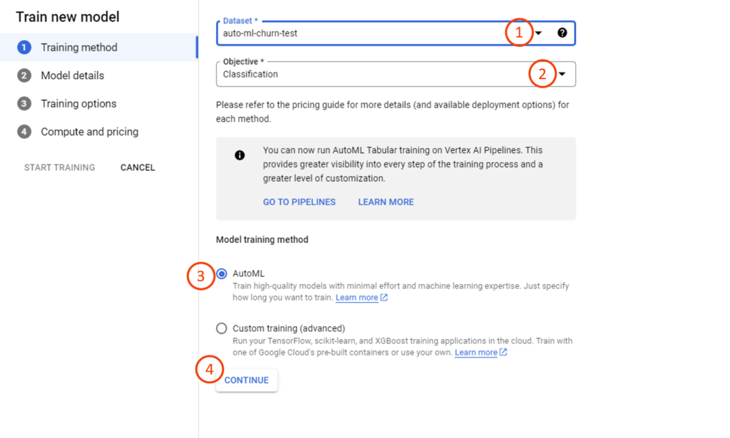 Customer churn prediction with Google AutoML 
Step 3 illustrated