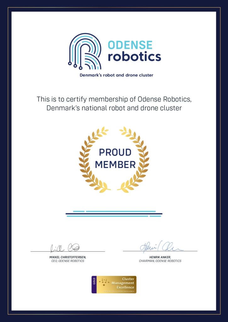 A certificate certifying membership of Odense Robotics