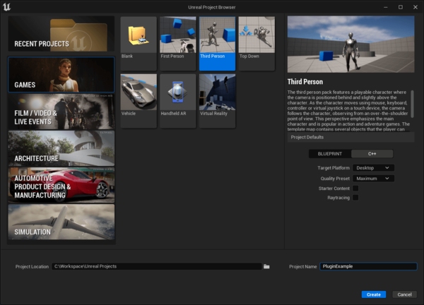 Unreal Engine project templates.
