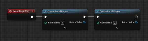 Blueprint nodes creating additional players for Unreal Engine split screen local multiplayer.