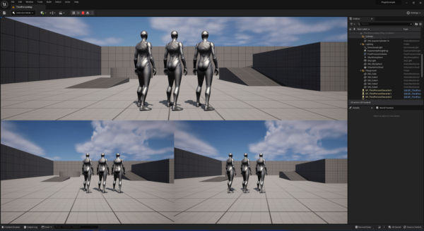 Default Unreal Engine split screen layout displayed for three players.