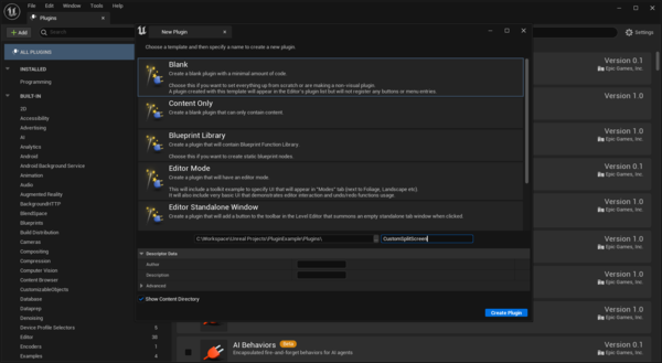 Creating a blank plugin in Unreal Engine to customise Unreal Engine split screen behaviour.