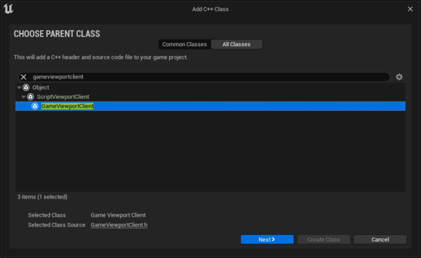 Selecting GameViewportClient as the parent for Unreal Engine split screen customisation.