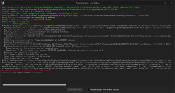 Unreal Engine Live Coding window showing a linker error while compiling a custom split screen plugin.
