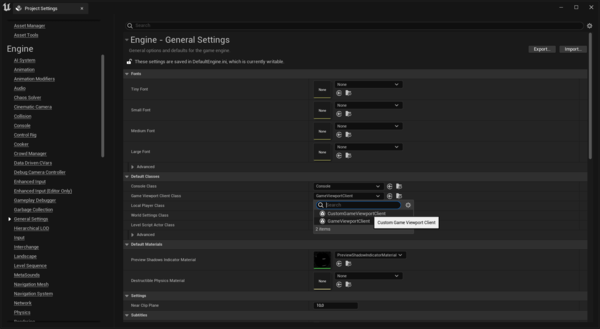 Project settings selecting CustomGameViewportClient for Unreal Engine split screen configuration.