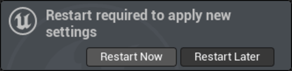 Unreal Engine Editor 'restart required' window.