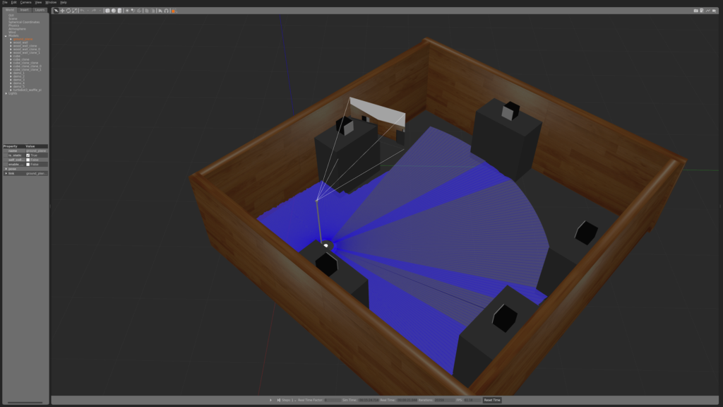 Gazebo simulation view for automated testing in a robotics CI pipeline.