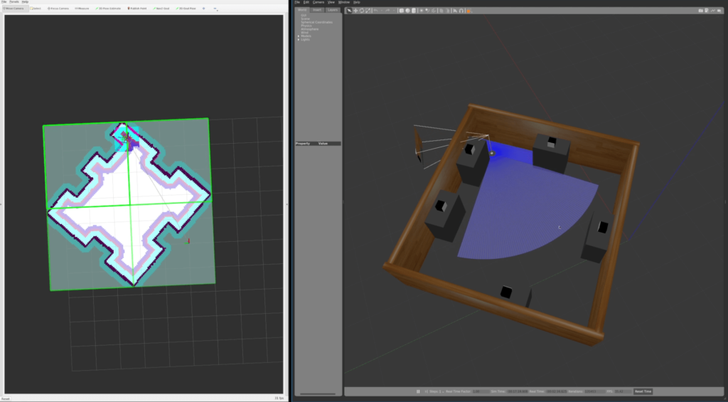 Autonomous robot navigation test executed in Gazebo simulations as part of robotics CI.