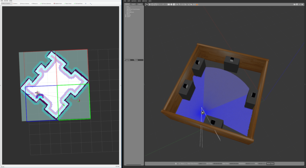 Robot exploration scenario running in Gazebo simulations during robotics CI testing.