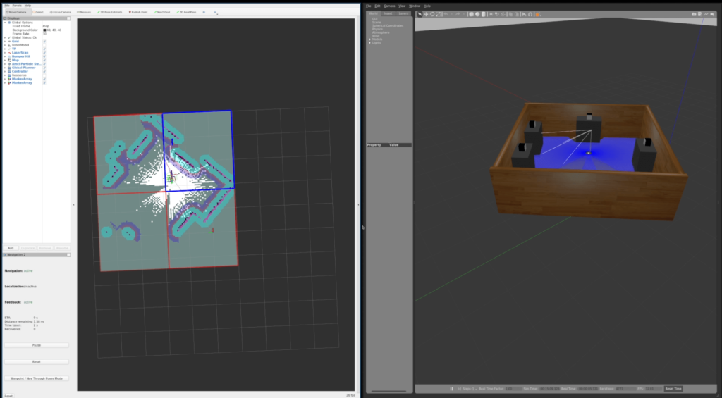 Gazebo simulation environment used for automated testing in a robotics CI pipeline.