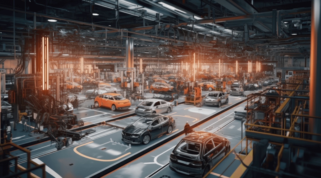 Cars being manufactured in a factory according to automotive safety standards.