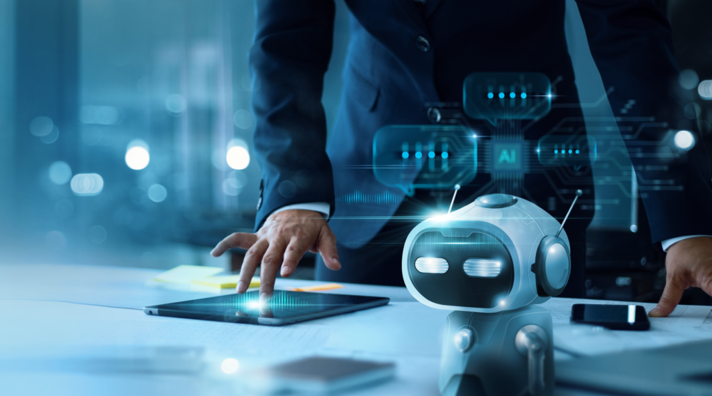 A man in a suit swiping tablet