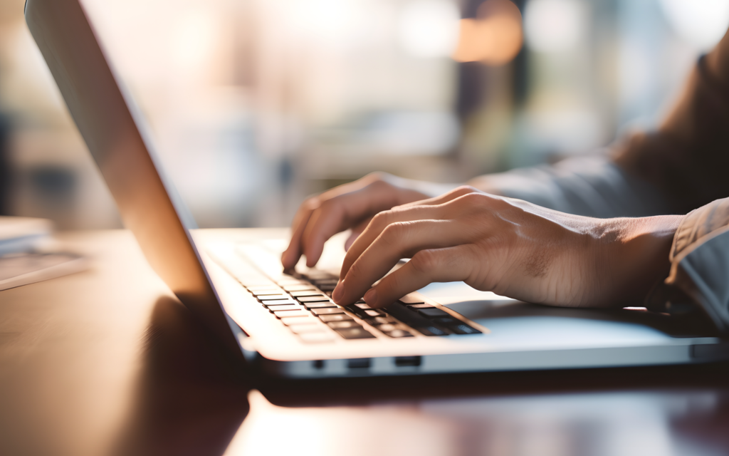 Laptop on a desk with hands, typing