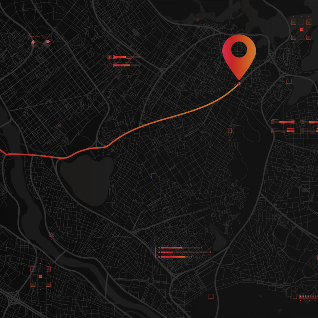Vector map of the city in dark mode, with a route marked to a specific destination.