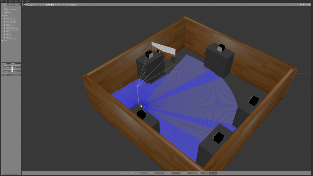 Gazebo simulation view used for automated testing in a robotics CI pipeline.