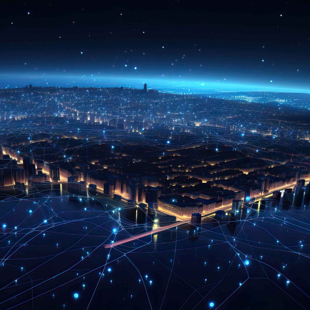 A digital aerial view of the city at night, with illuminated buildings along the city streets.