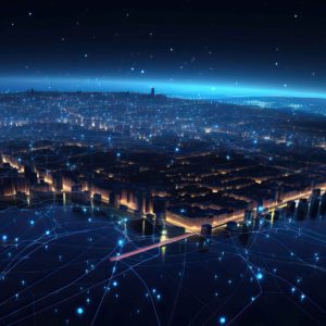 A digital aerial view of the city at night, with illuminated buildings along the city streets.