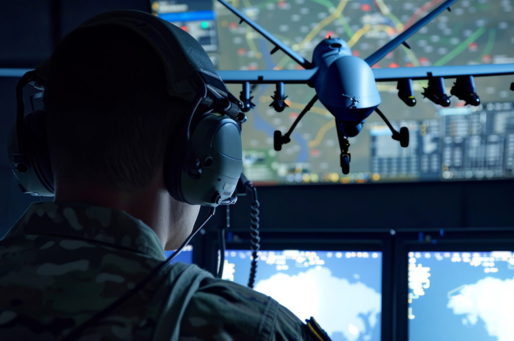 Soldier looking at screen with dron