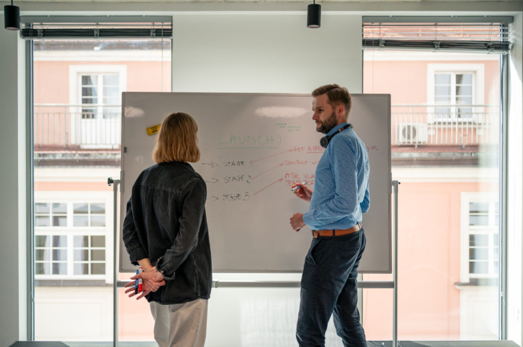 Spyrosoft team members working in ideation process next to the whiteboard