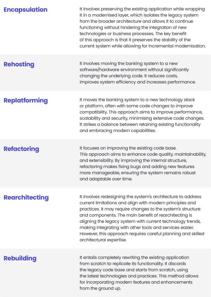 Key modernisation approaches: encapsulation, reposting, replatforming, refactoring, rearchitecting, rebuling