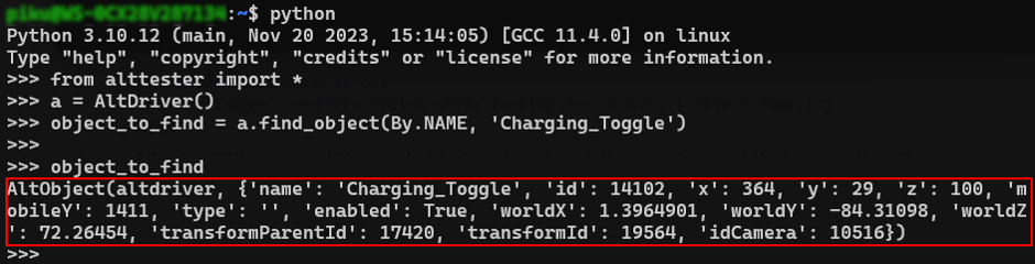 AltTester output in Python console showing a found UI object in Qt6 and Unity test automation.