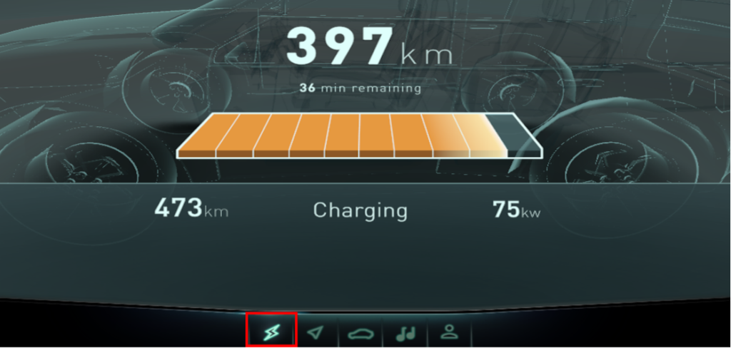Vehicle HMI screen showing charging status tested in Qt6 and Unity integration.