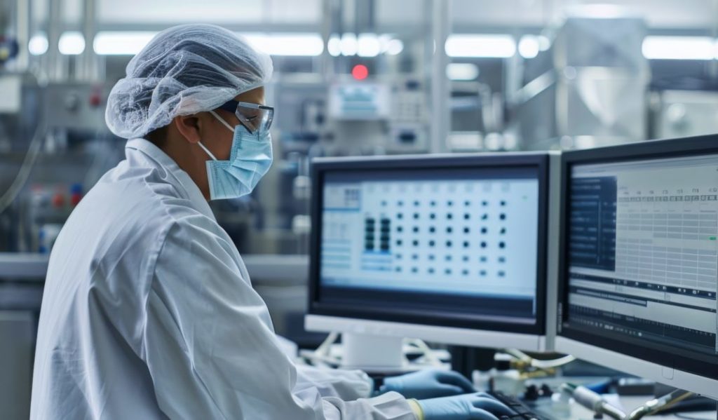 A scientist in protective gear and a lab coat works at a computer station in a modern laboratory setting