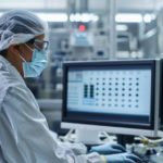A scientist in protective gear and a lab coat works at a computer station in a modern laboratory setting