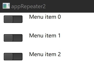 A screenshot of the rendered QtQuick interface created with a Repeater element, displaying three rows labelled ‘Menu item 0,’ ‘Menu item 1,’ and ‘Menu item 2,’ each with a toggle-style switch component. This type of UI output is commonly used in Squish Qt automated testing to validate interactions with repeated QML elements and dynamic menu components.
