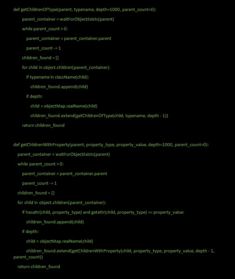A screenshot showing Python utility functions commonly used in Squish Qt test automation. The code defines getChildrenOfType() and getChildrenWithProperty(), which recursively traverse Qt/QML object hierarchies to locate child elements based on name or specific property values. These helpers support complex UI test scripting by enabling reliable object identification within nested QtQuick structures.