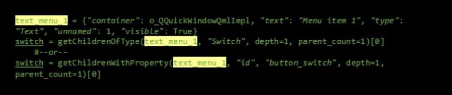 A screenshot of a Squish Qt test script highlighting how a text_menu_1 dictionary is used to identify related QML objects. The code demonstrates two approaches: using getChildrenOfType() to find a Switch beneath the text element, or getChildrenWithProperty() to match the child whose id is button_switch. This snippet illustrates practical locator strategies for automated UI testing in QtQuick applications.